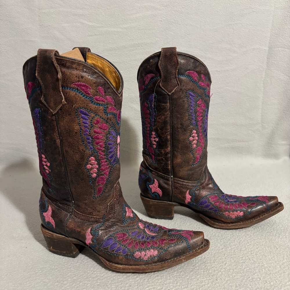 Corral Teens size 4T Brown Leather Embroidered Butterfly Western Boots snip toe